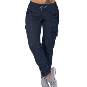 womens straight leg long pants solid casual loose drawstring elastic waist trousers jogging pants with pockets blue