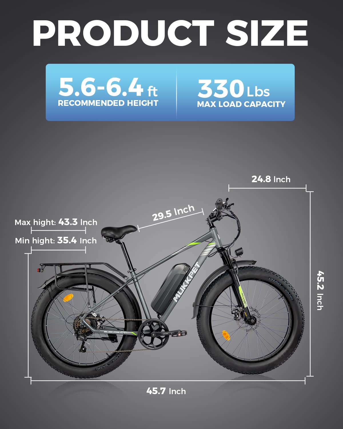 Mukkpet Suburban Electric Bike for Adults 500W Electric Mountain Bikes 26'' * 4.0 All Terrain Tire Electric Bicycle 48V 13AH BMS Removable Lithium Battery Shimano 7-Speed Electric Bike