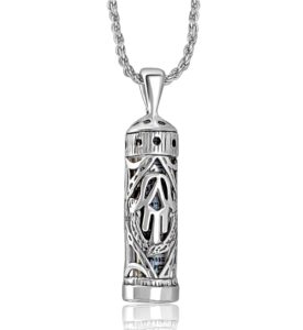 nanostyle mezuzah necklace bar mitzvah gifts 925 sterling silver hamsa hand pendant shema israel scroll jewish gifts from israel for men or women, 20" thick silver chain