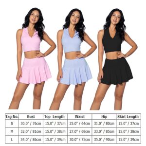 Tennis Skirts for Women with Racerback Sport Bra Sets High Waist Pleated Golf Skort Skirt Collared V Neck Sleeveless Workout Crop Top with Built-in Bra Athletic Tennis Outfits Blue Medium