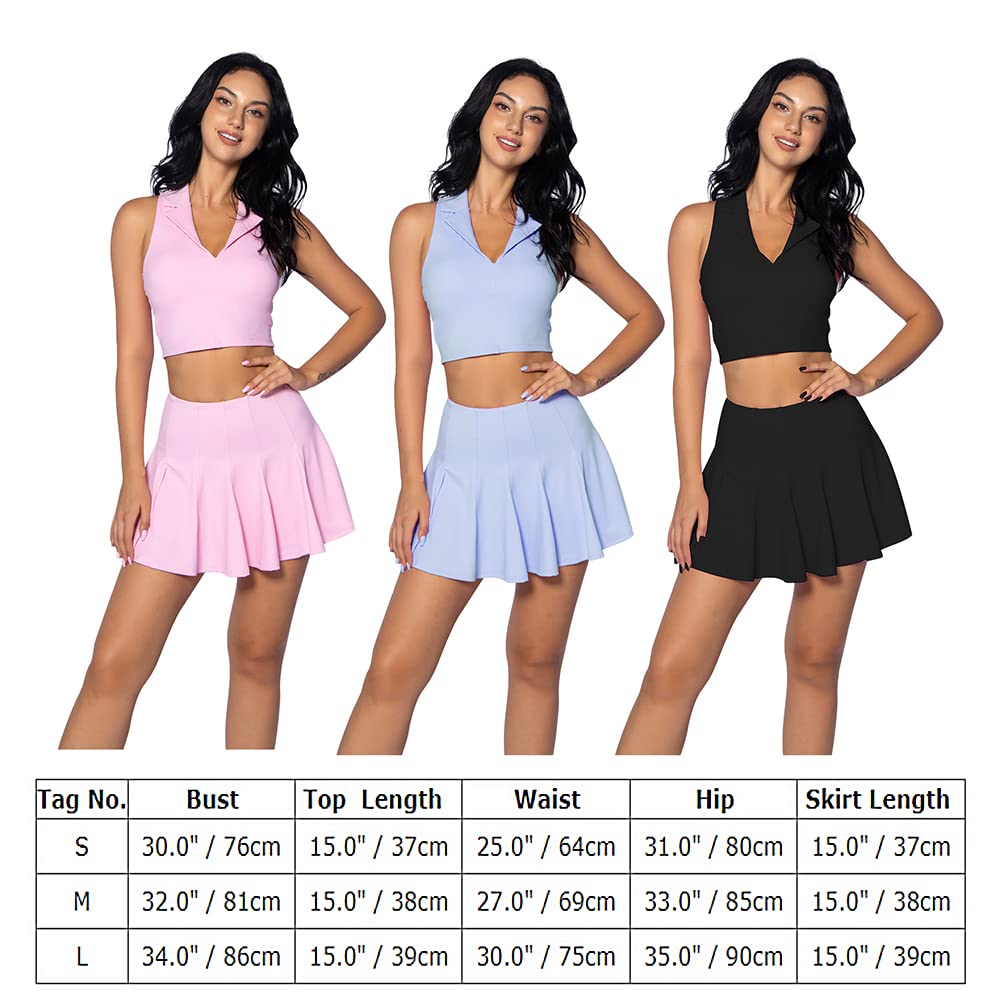 Tennis Skirts for Women with Racerback Sport Bra Sets High Waist Pleated Golf Skort Skirt Collared V Neck Sleeveless Workout Crop Top with Built-in Bra Athletic Tennis Outfits Blue Medium