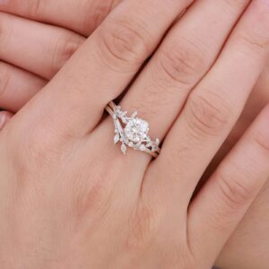 YDD 10k White Gold 1CT Round Moissanite Engagement Rings for Women, Vintage Bridal Set 2pcs Vine Brilliant Halo Ring Wedding Set Anniversary Free Engraved