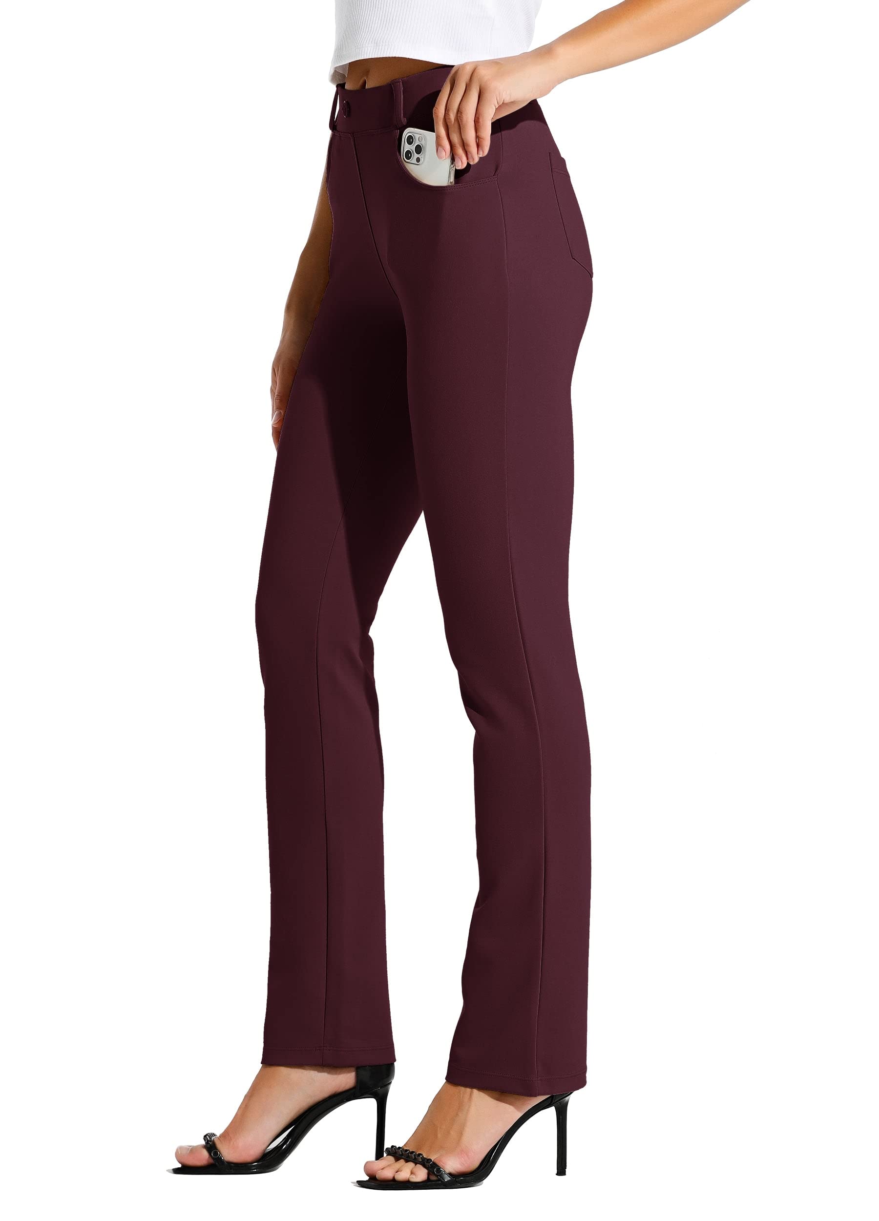 Willit 33" Women's Yoga Dress Pants Straight Leg Work Slacks Stretchy Office Casual Pants 4 Pockets Belt Loops Burgundy L