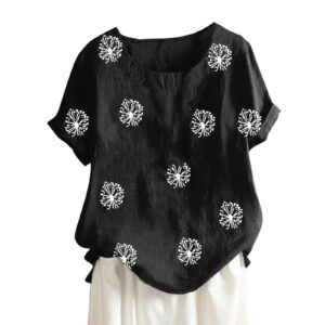 Women Summer Short Sleeve Loose T Shirt Casual Daisy Graphic Tees Crewneck Pluse Size Workout Tops Button Flower Print Blouse