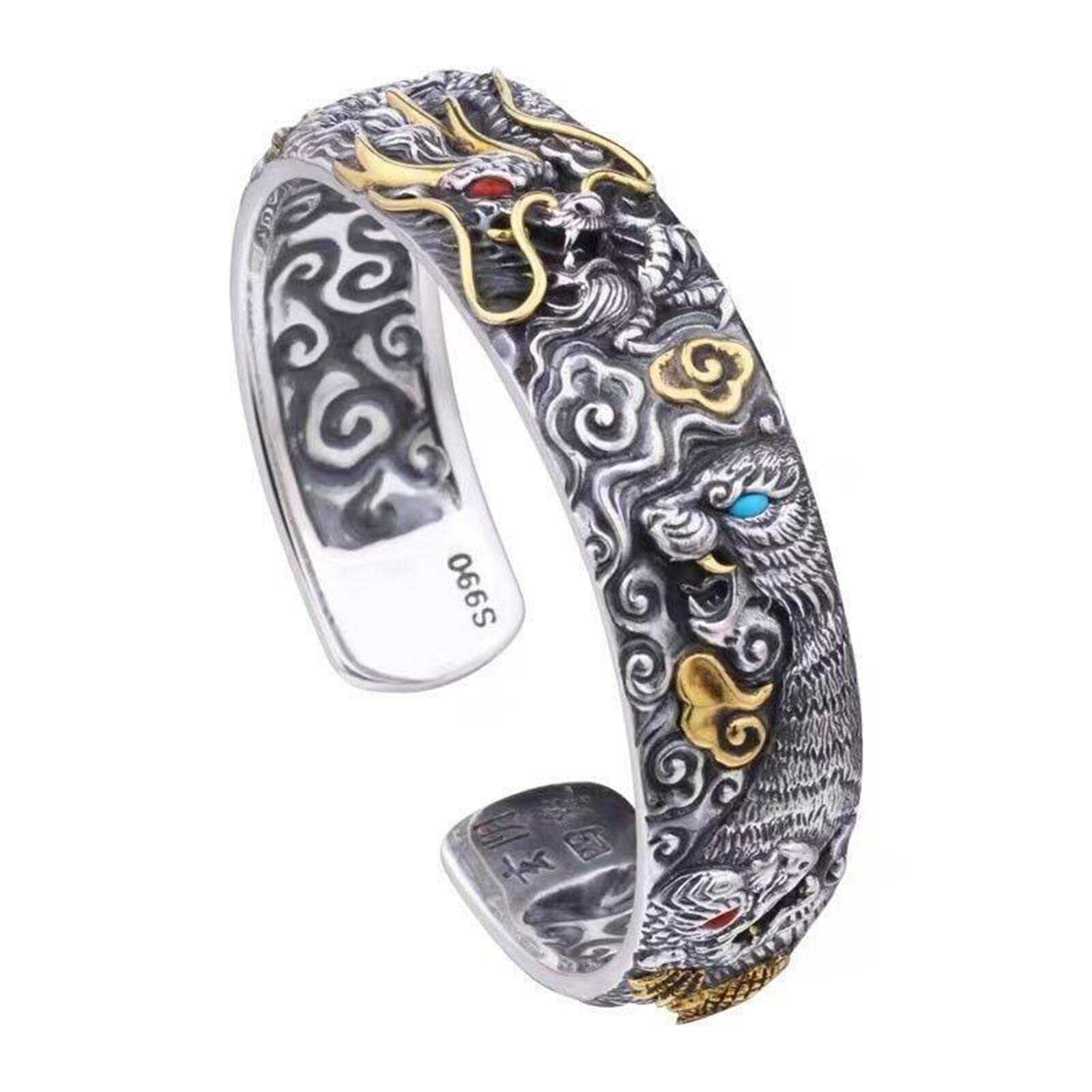 poceton Feng Shui Dragon Fortune Bangle,Green Dragon - White Tiger - Vermilion Bird - Xuanwu - 4 Divine Beasts Pattern Open Bracelet