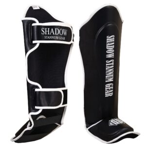 Shadow Stannum Gear Kickboxing Martial Arts Shin Guards - PU Leather Instep Protection Pads with Strong Closure Straps for MMA Martial Arts, Kicking, Sparring, Training (L/XL, White Black)