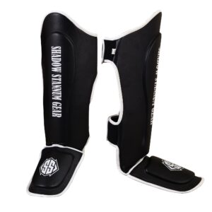 Shadow Stannum Gear Kickboxing Martial Arts Shin Guards - PU Leather Instep Protection Pads with Strong Closure Straps for MMA Martial Arts, Kicking, Sparring, Training (L/XL, White Black)