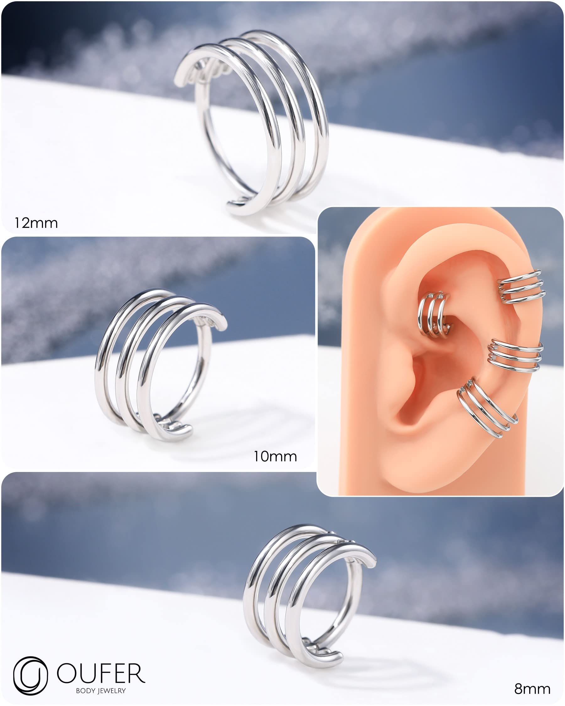 OUFER 16G Conch Piercing Jewelry, 316L Stainless Steel Conch Earrings, Three Row Nose Rings Hoops, Helix Cartilage Daith Rook Earrings for Women and Men-12MM