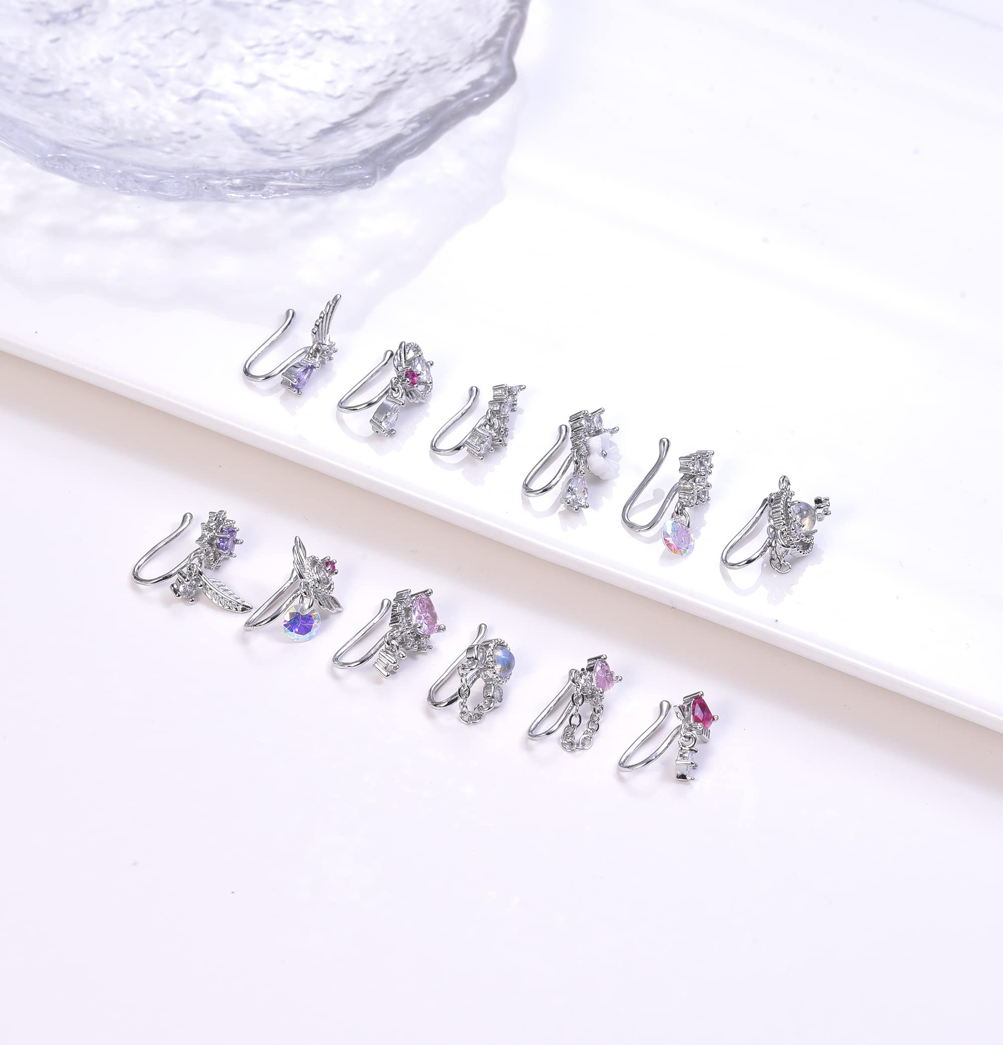 PLOMFOV 12Pcs Fake Nose Ring for Women Dangling Nose Cuffs Faux Clip on Nose Ring for Non Pierced Nose Silver