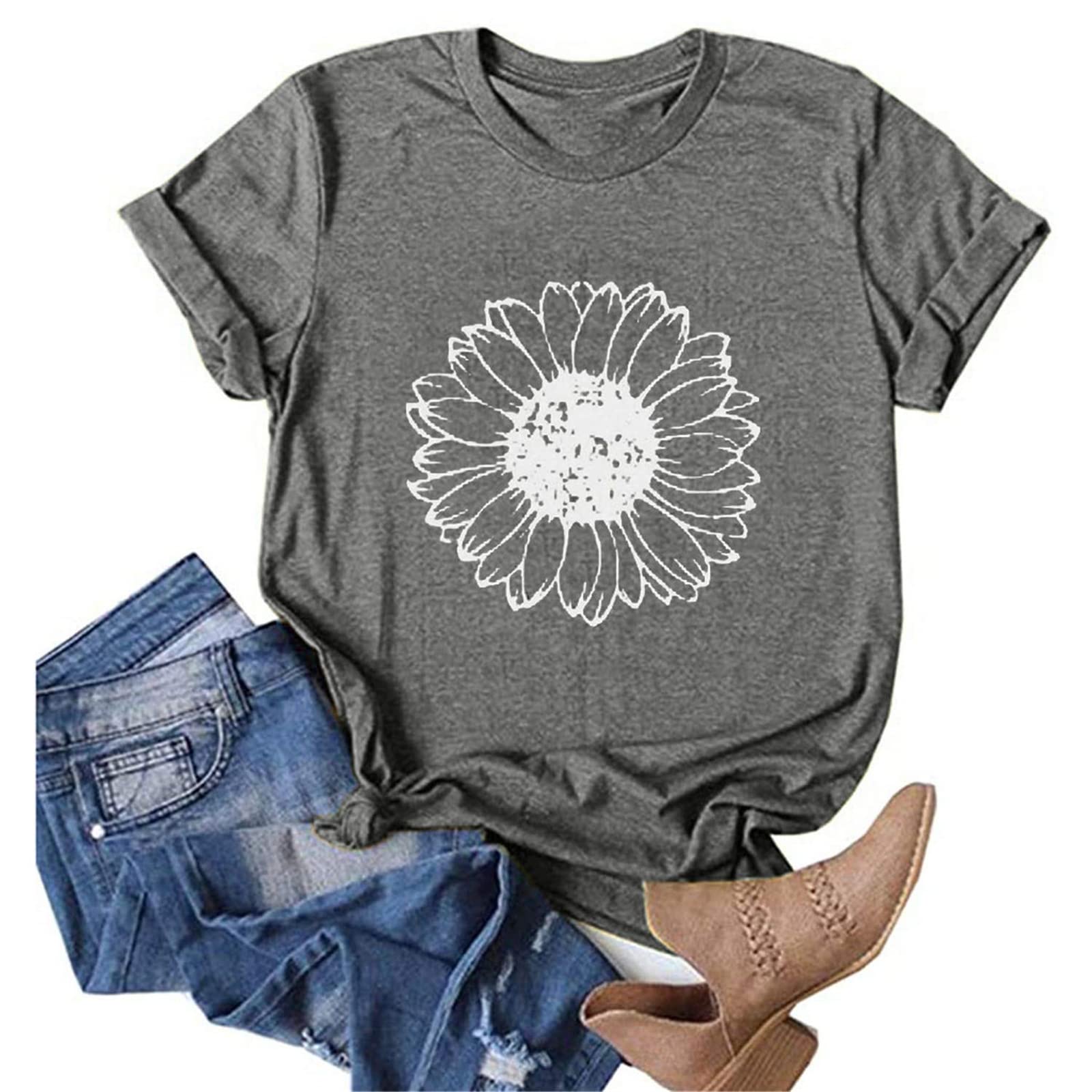 Vliolat Short Sleeve Shirts for Women Sunflower Summer T Shirts Girls Casual Loose Round Neck Cute Graphic Tees Tops Blouses