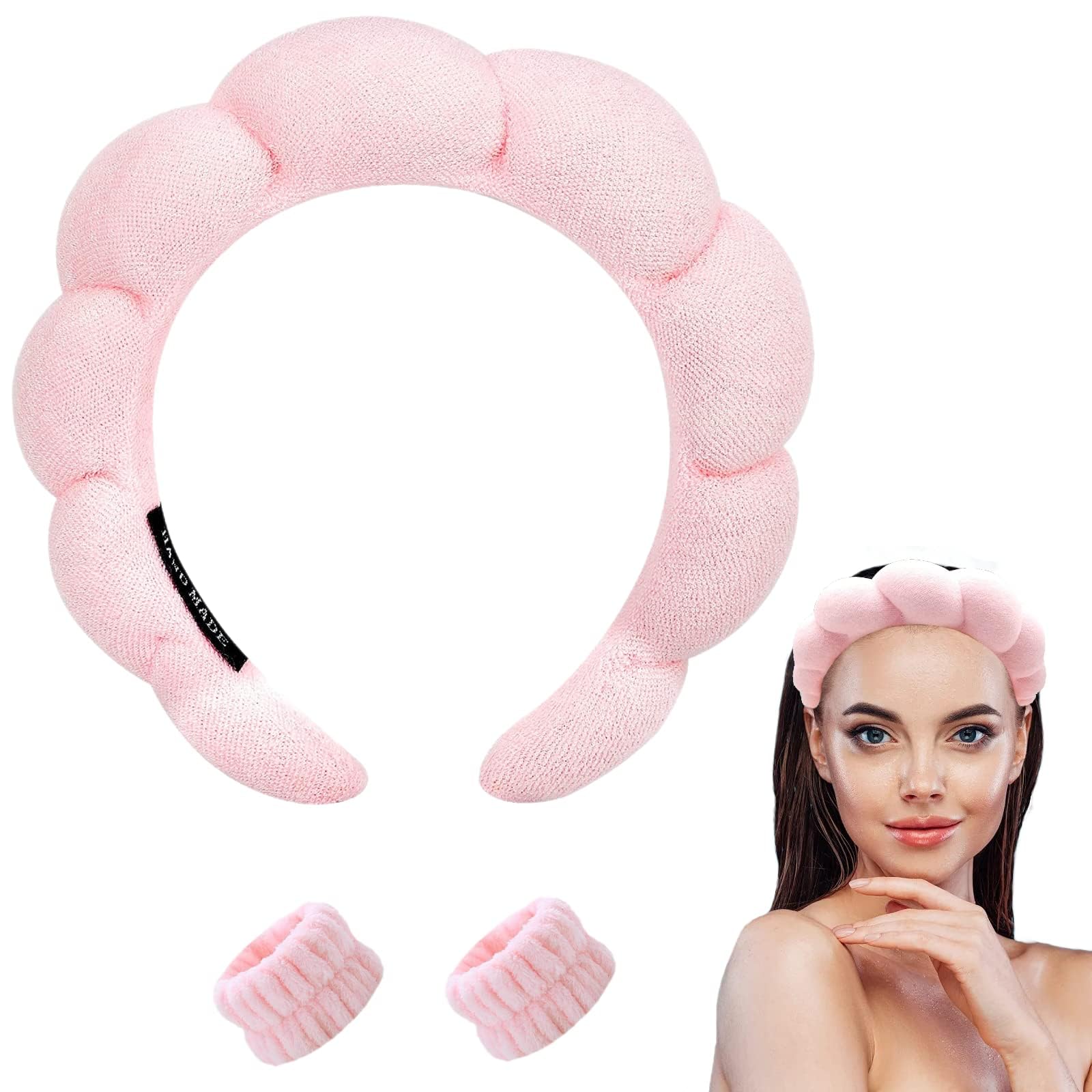 yucca Spa Headband for Washing Face Wristband Sponge Makeup Skincare Headband Terry Cloth Bubble Soft Get Ready Hairband for Women Girl Puffy Padded Headwear Non Slip Thick Hair Accessory