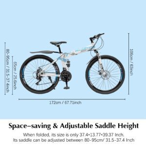 YIYIBYUS 26 inch Foldable Mountain Bike 21 Speed Full Suspension Folding Bicycles with High-Carbon Steel,Double Disc Brake Outroad MTB Bicycles for Adults Men Women