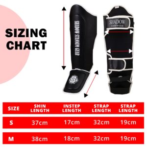 Shadow Stannum Gear Kickboxing Martial Arts Shin Guards - PU Leather Instep Protection Pads with Strong Closure Straps for MMA Martial Arts, Kicking, Sparring, Training (L/XL, White Black)