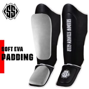 Shadow Stannum Gear Kickboxing Martial Arts Shin Guards - PU Leather Instep Protection Pads with Strong Closure Straps for MMA Martial Arts, Kicking, Sparring, Training (L/XL, White Black)