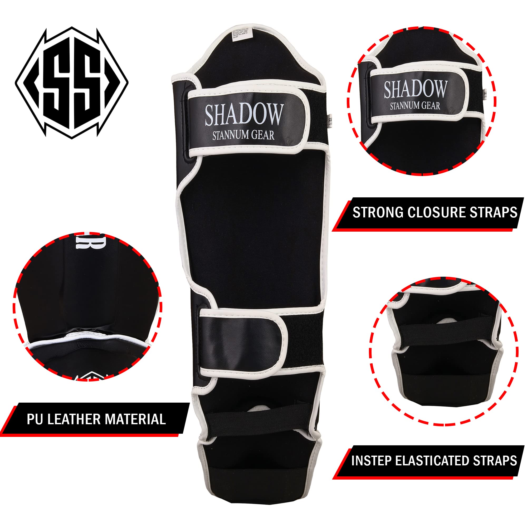 Shadow Stannum Gear Kickboxing Martial Arts Shin Guards - PU Leather Instep Protection Pads with Strong Closure Straps for MMA Martial Arts, Kicking, Sparring, Training (L/XL, White Black)