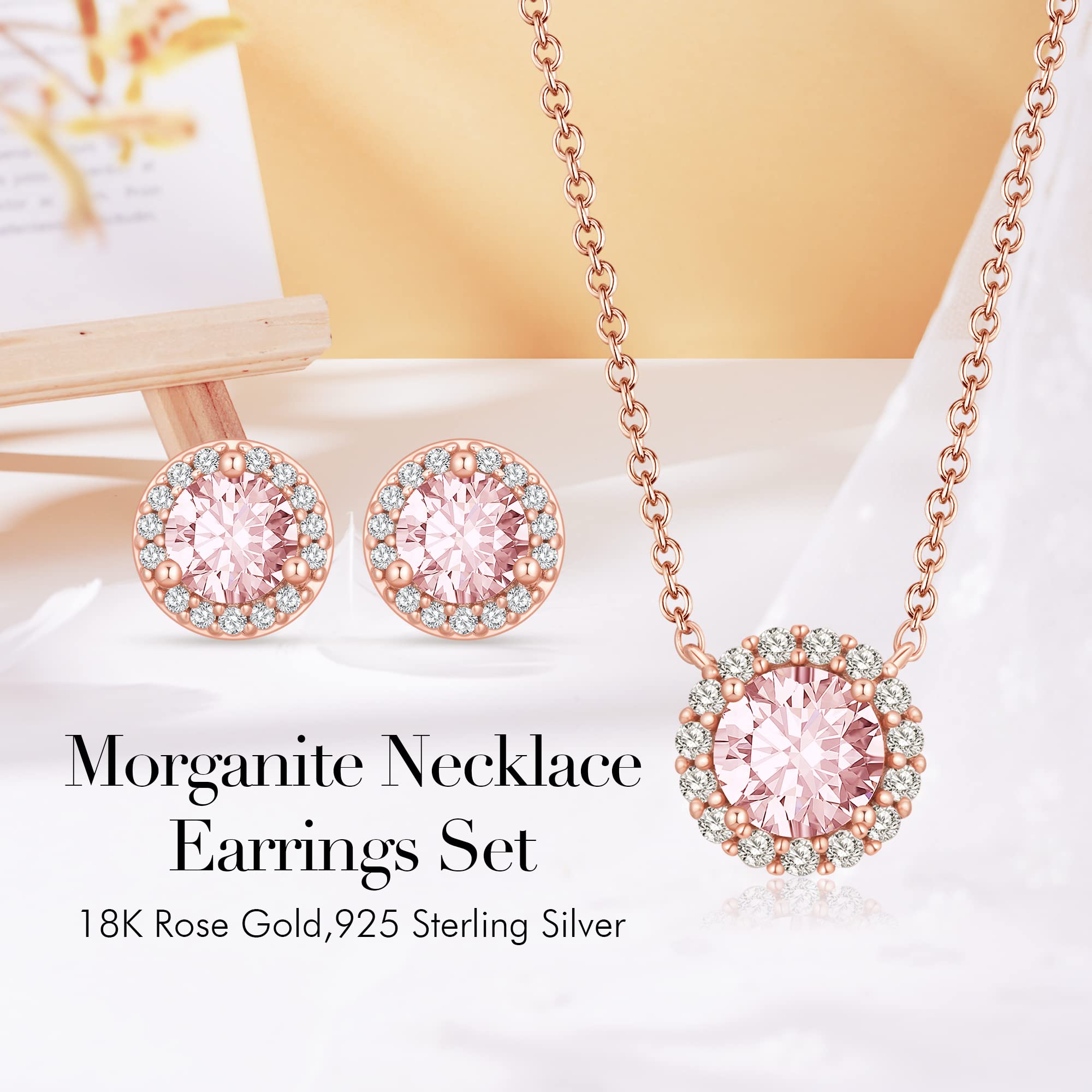 Gloffery 18K Rose Gold Created-Morganite Pendant Necklace for Women 925 Sterling Silver Round Solitaire Dainty Necklaces