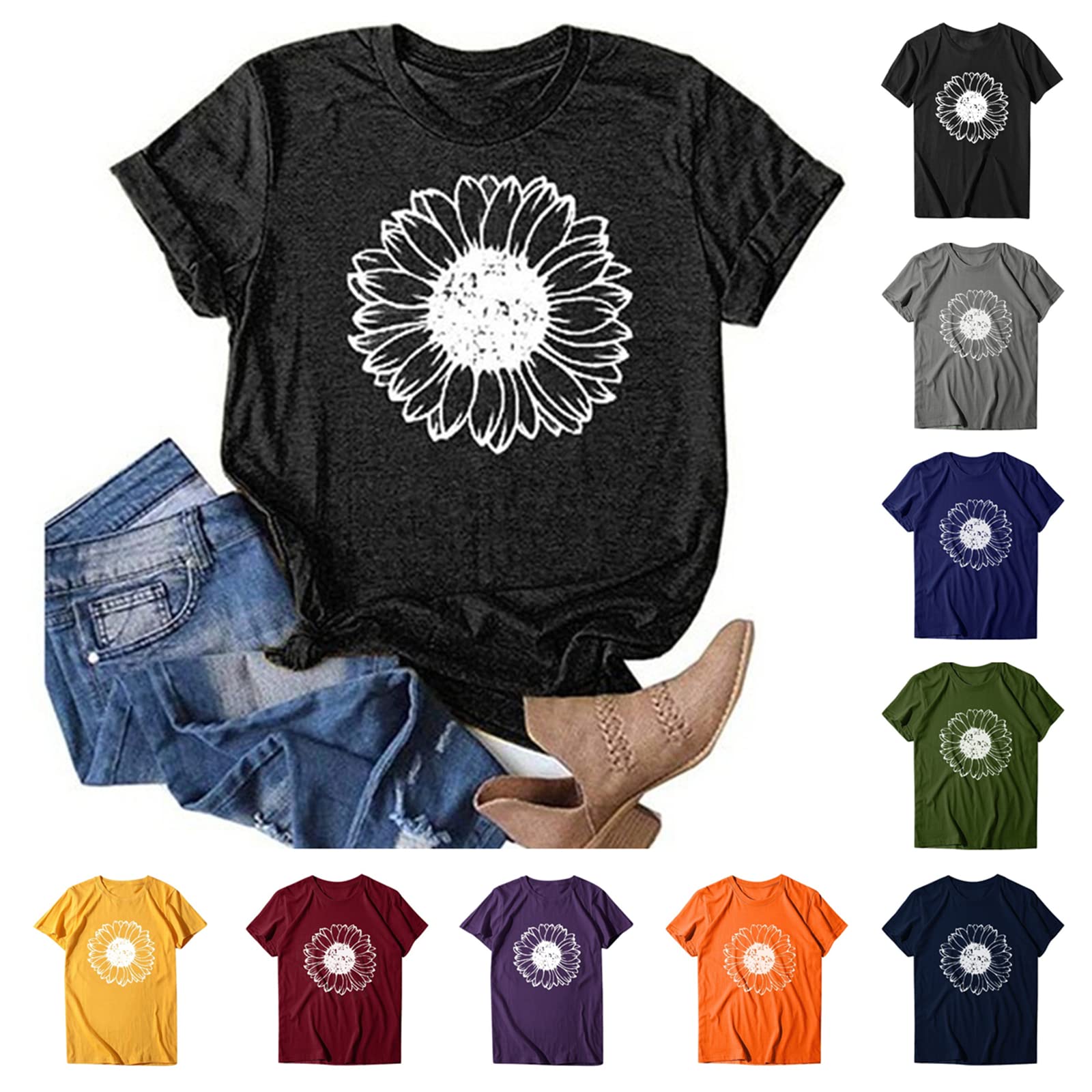 Vliolat Short Sleeve Shirts for Women Sunflower Summer T Shirts Girls Casual Loose Round Neck Cute Graphic Tees Tops Blouses