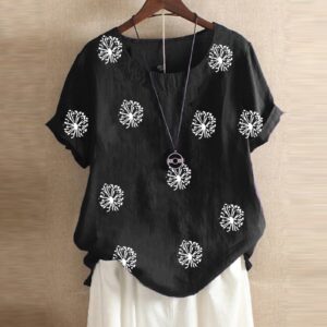 Women Summer Short Sleeve Loose T Shirt Casual Daisy Graphic Tees Crewneck Pluse Size Workout Tops Button Flower Print Blouse