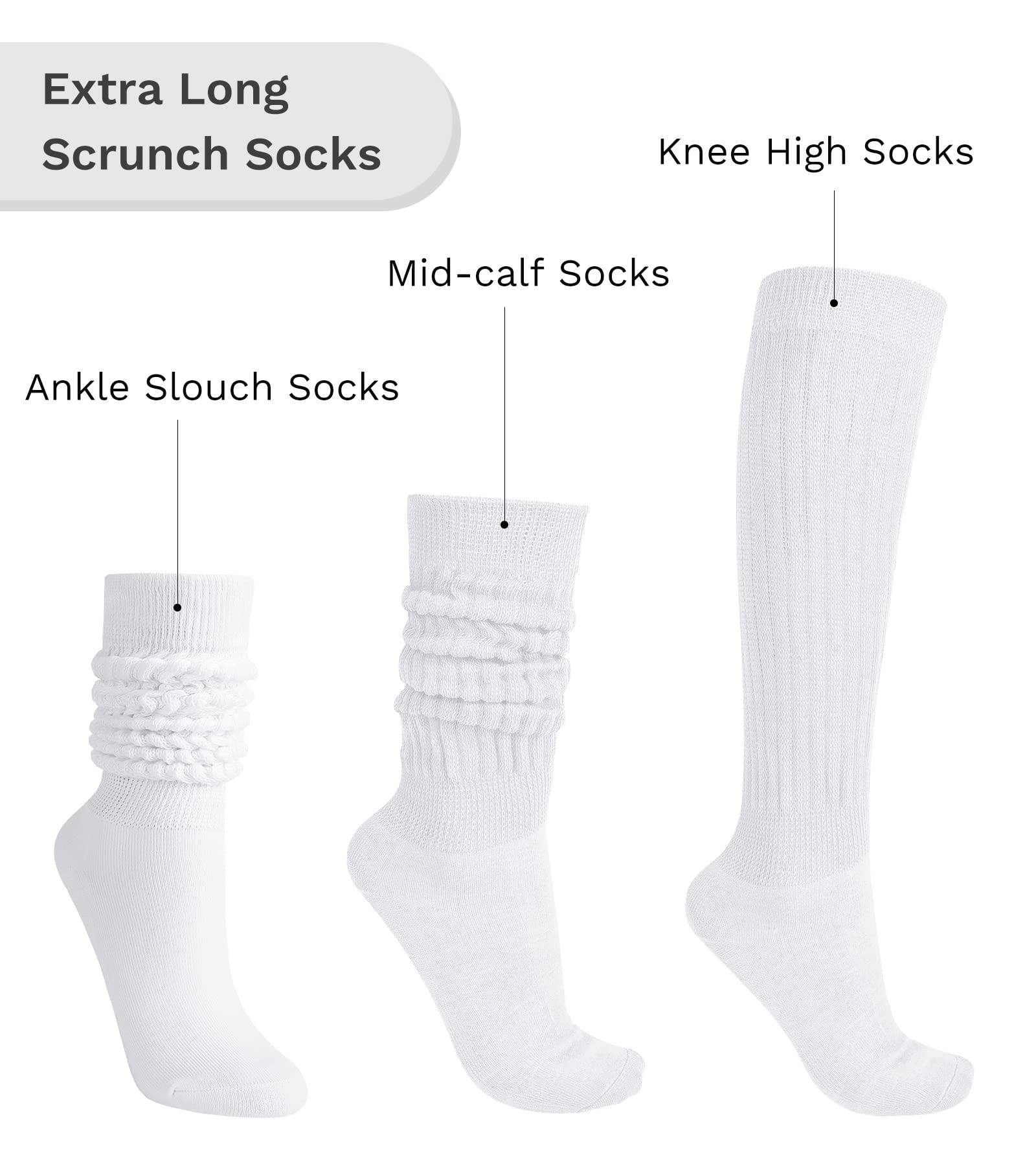 JOCMIC Slouch Socks for Women, Extra Long Women Scrunch Socks, White Stacked Socks Size 6-11 White