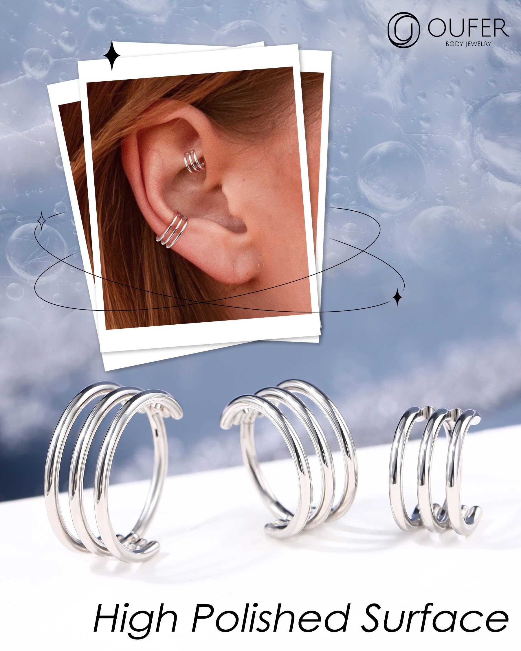 OUFER 16G Conch Piercing Jewelry, 316L Stainless Steel Conch Earrings, Three Row Nose Rings Hoops, Helix Cartilage Daith Rook Earrings for Women and Men-12MM