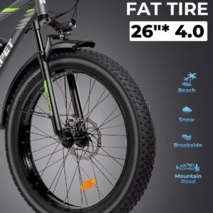 Mukkpet Suburban Electric Bike for Adults 500W Electric Mountain Bikes 26'' * 4.0 All Terrain Tire Electric Bicycle 48V 13AH BMS Removable Lithium Battery Shimano 7-Speed Electric Bike