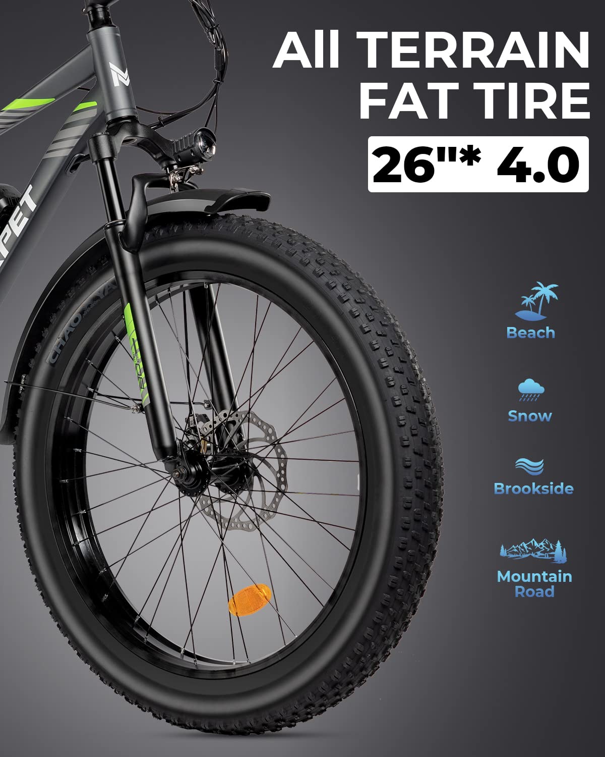 Mukkpet Suburban Electric Bike for Adults 500W Electric Mountain Bikes 26'' * 4.0 All Terrain Tire Electric Bicycle 48V 13AH BMS Removable Lithium Battery Shimano 7-Speed Electric Bike