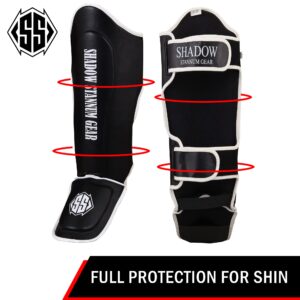 Shadow Stannum Gear Kickboxing Martial Arts Shin Guards - PU Leather Instep Protection Pads with Strong Closure Straps for MMA Martial Arts, Kicking, Sparring, Training (L/XL, White Black)