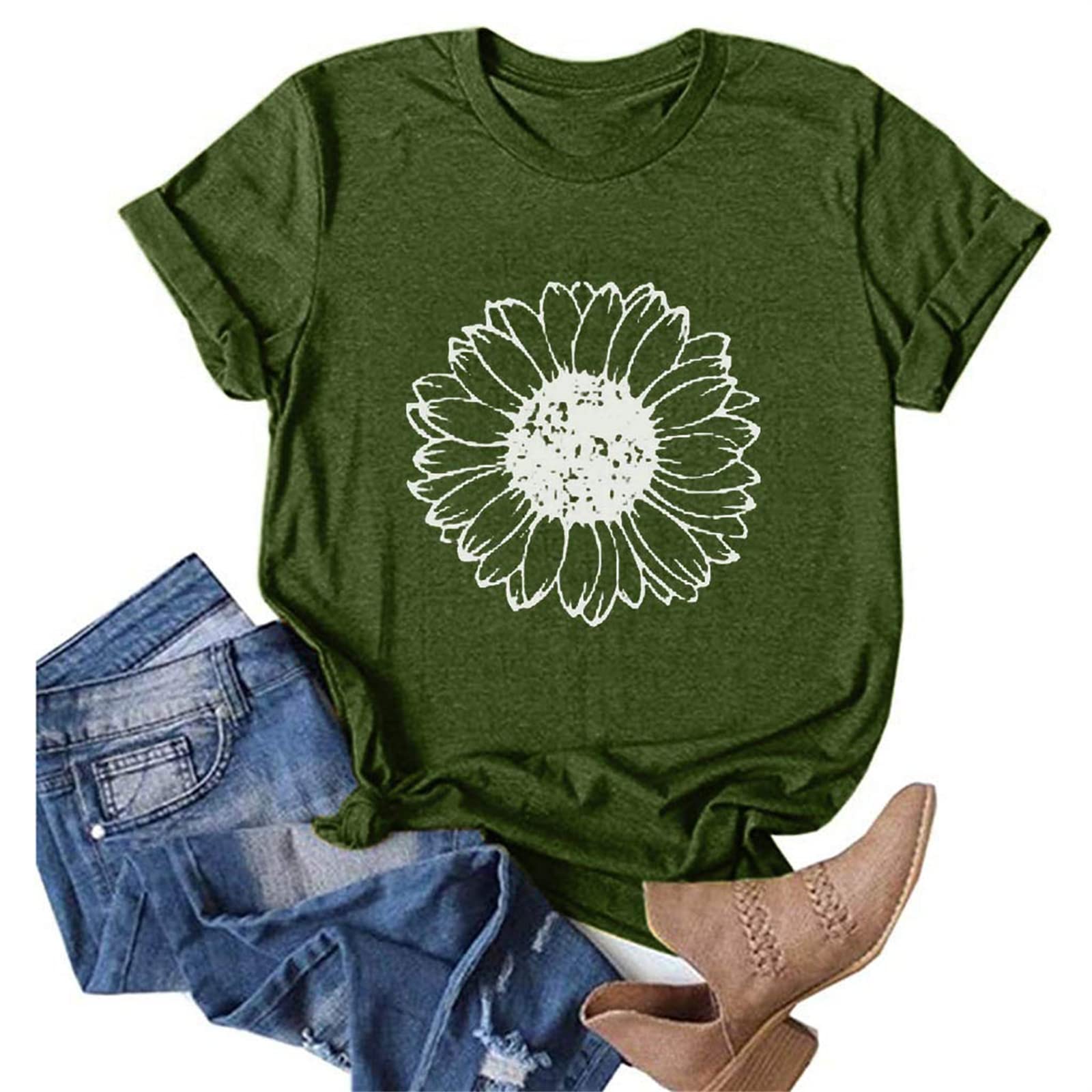 Vliolat Short Sleeve Shirts for Women Sunflower Summer T Shirts Girls Casual Loose Round Neck Cute Graphic Tees Tops Blouses