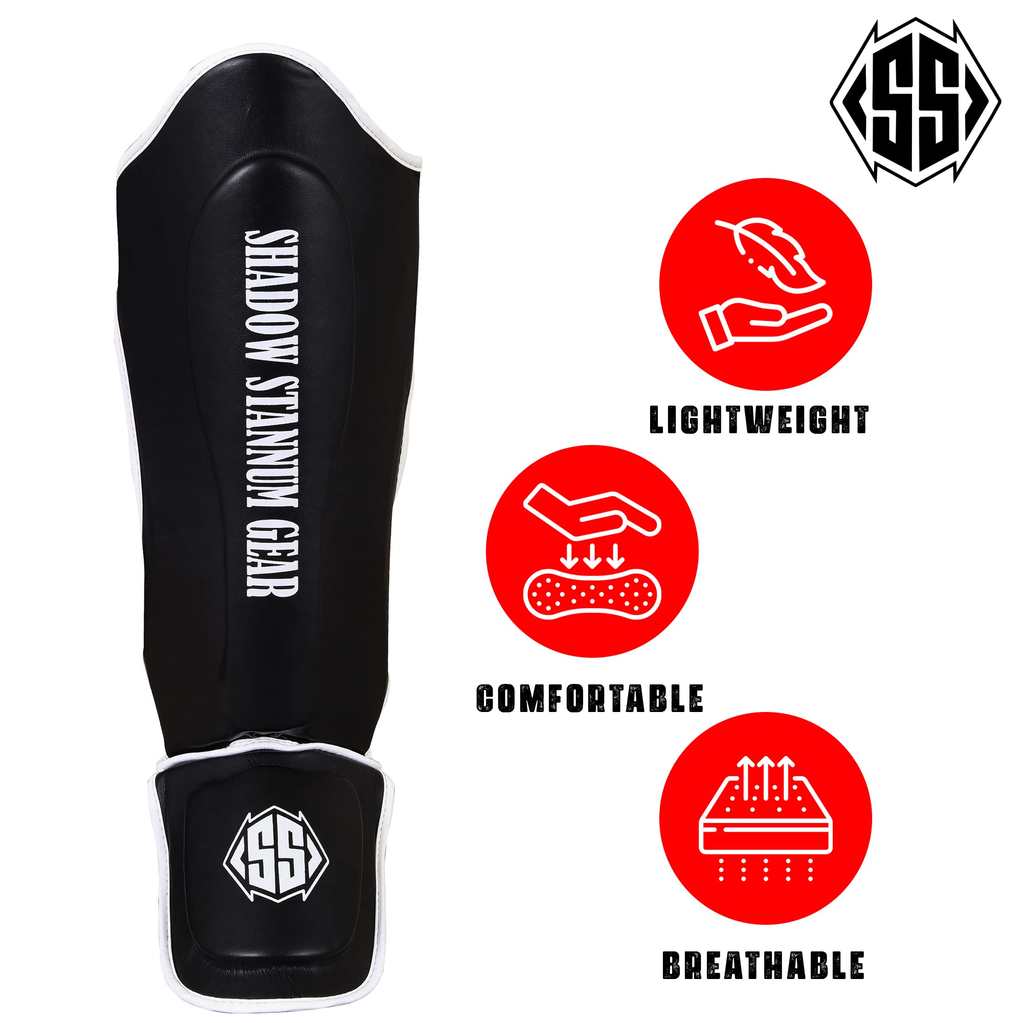 Shadow Stannum Gear Kickboxing Martial Arts Shin Guards - PU Leather Instep Protection Pads with Strong Closure Straps for MMA Martial Arts, Kicking, Sparring, Training (L/XL, White Black)