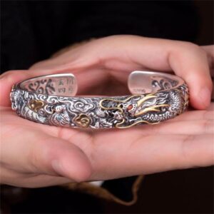 poceton Feng Shui Dragon Fortune Bangle,Green Dragon - White Tiger - Vermilion Bird - Xuanwu - 4 Divine Beasts Pattern Open Bracelet