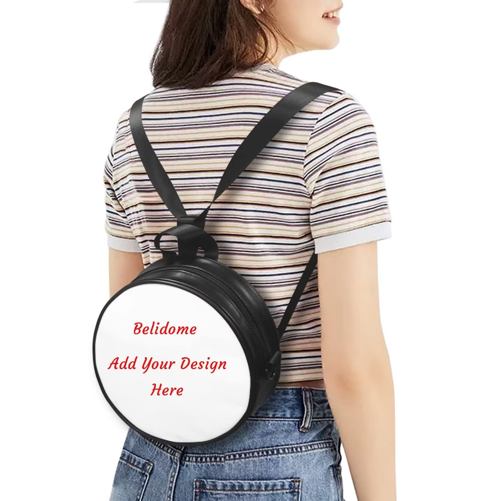 Belidome Custom Crossbody Bags for Women Men PU Leather Round Shoulder Messenger Purse Tote Handbag Backpack Personalized with Picture Text Logo Name Fesitival Team Part Favor Gifts