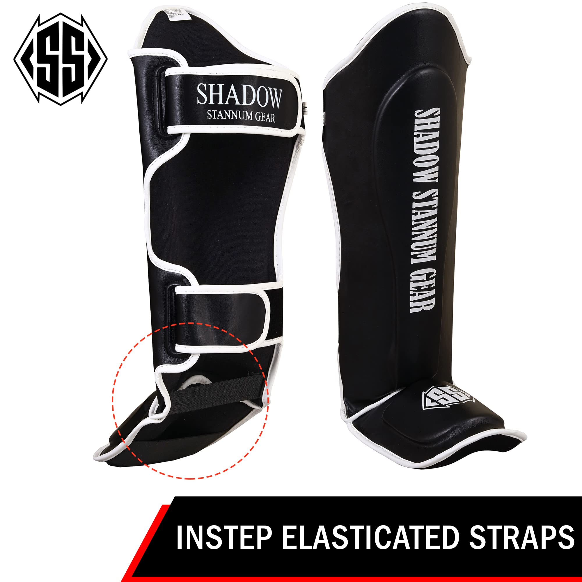 Shadow Stannum Gear Kickboxing Martial Arts Shin Guards - PU Leather Instep Protection Pads with Strong Closure Straps for MMA Martial Arts, Kicking, Sparring, Training (L/XL, White Black)