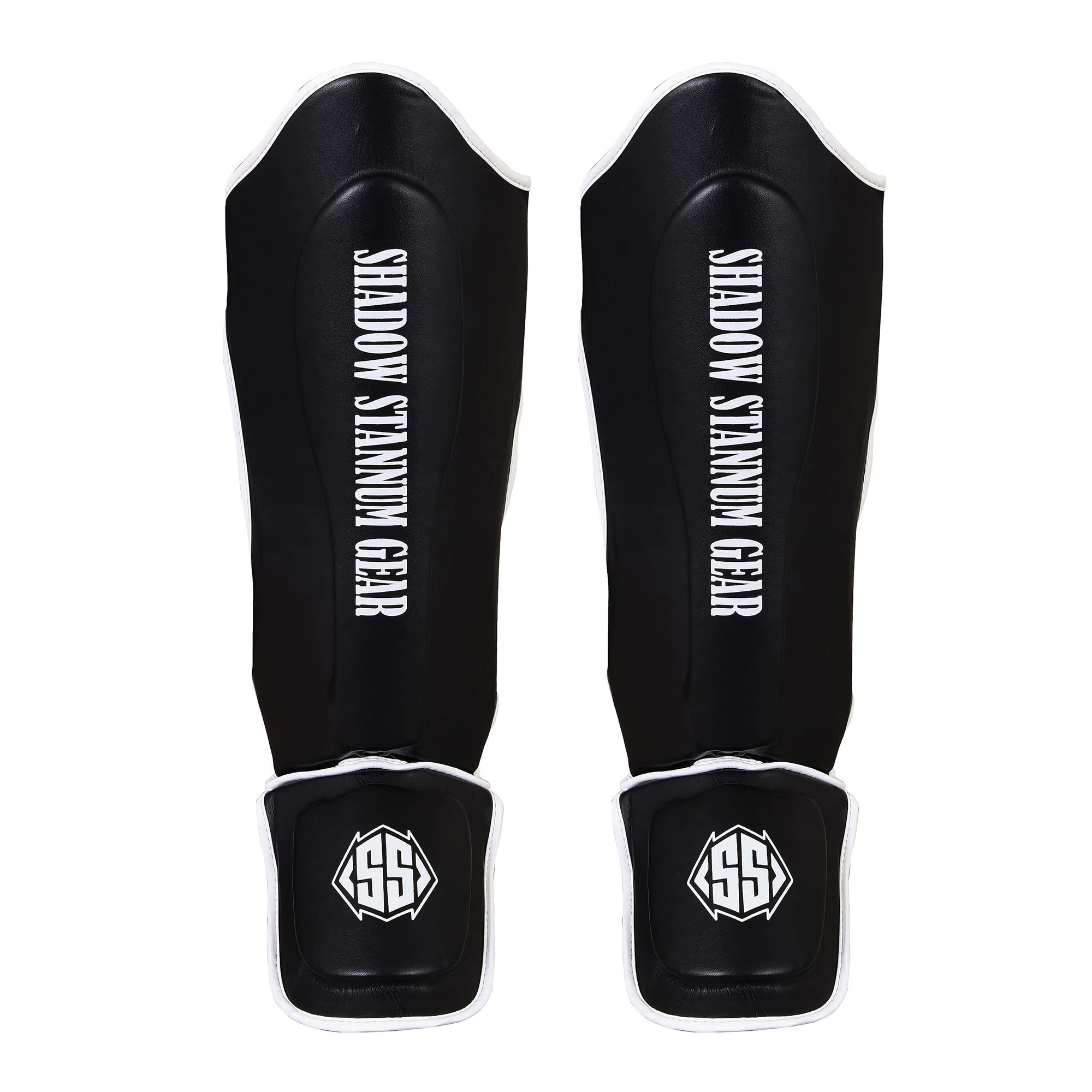 Shadow Stannum Gear Kickboxing Martial Arts Shin Guards - PU Leather Instep Protection Pads with Strong Closure Straps for MMA Martial Arts, Kicking, Sparring, Training (L/XL, White Black)