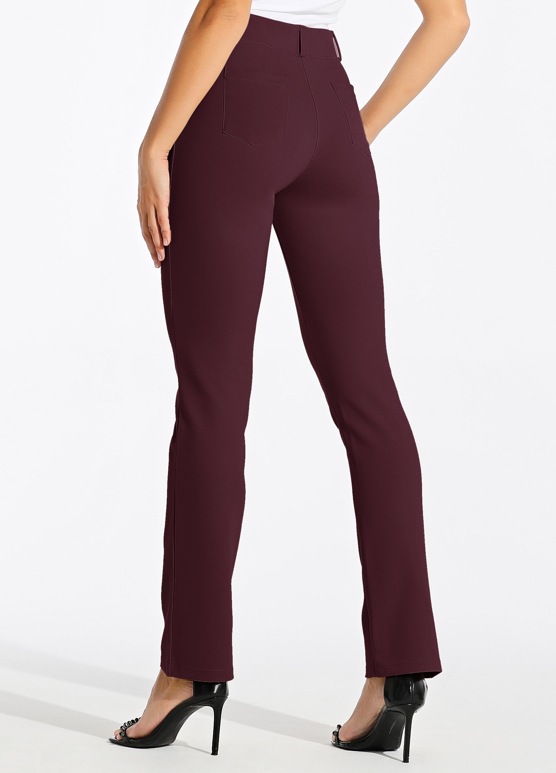 Willit 33" Women's Yoga Dress Pants Straight Leg Work Slacks Stretchy Office Casual Pants 4 Pockets Belt Loops Burgundy L