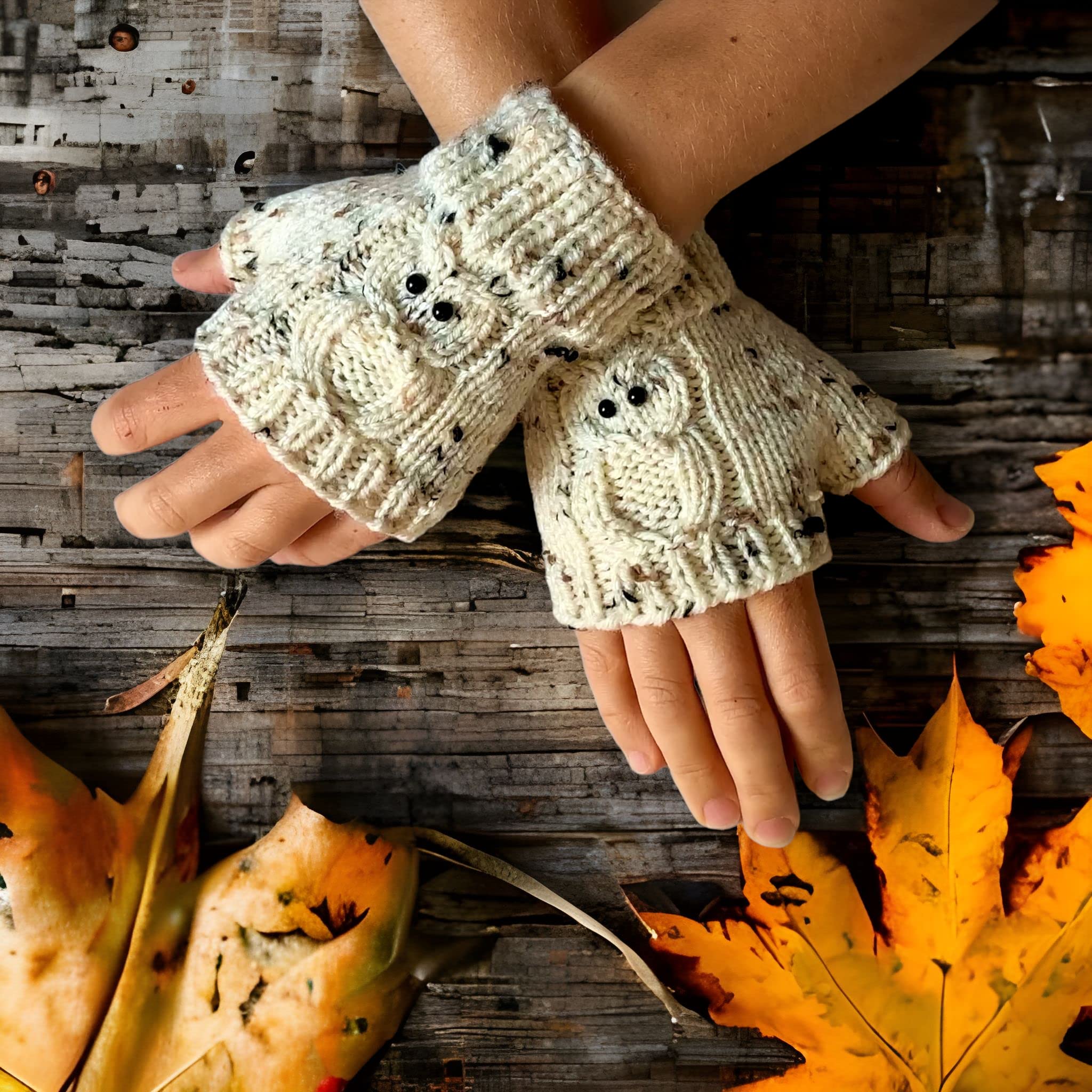 Hand Knit Adult Owl Fingerless Gloves Mittens Mitts – Knitted Granny Gloves with Owls for Warm Hands – Handmade Gift for Women Wife Girlfriend – Handcrafted Hand Warmers (Small, Red)