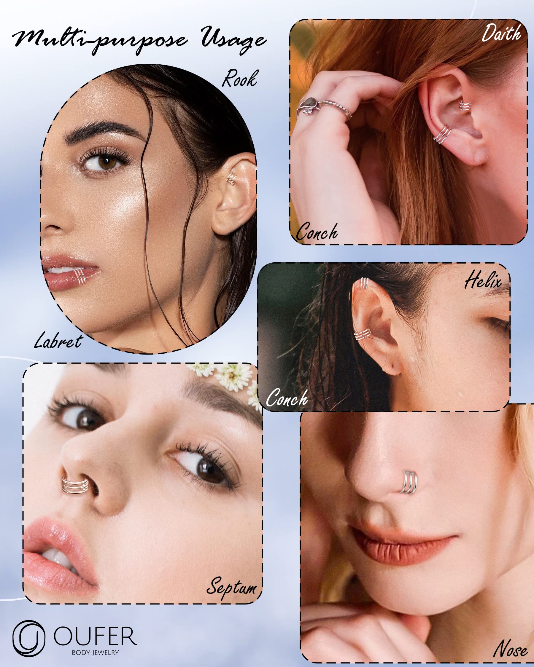 OUFER 16G Conch Piercing Jewelry, 316L Stainless Steel Conch Earrings, Three Row Nose Rings Hoops, Helix Cartilage Daith Rook Earrings for Women and Men-12MM