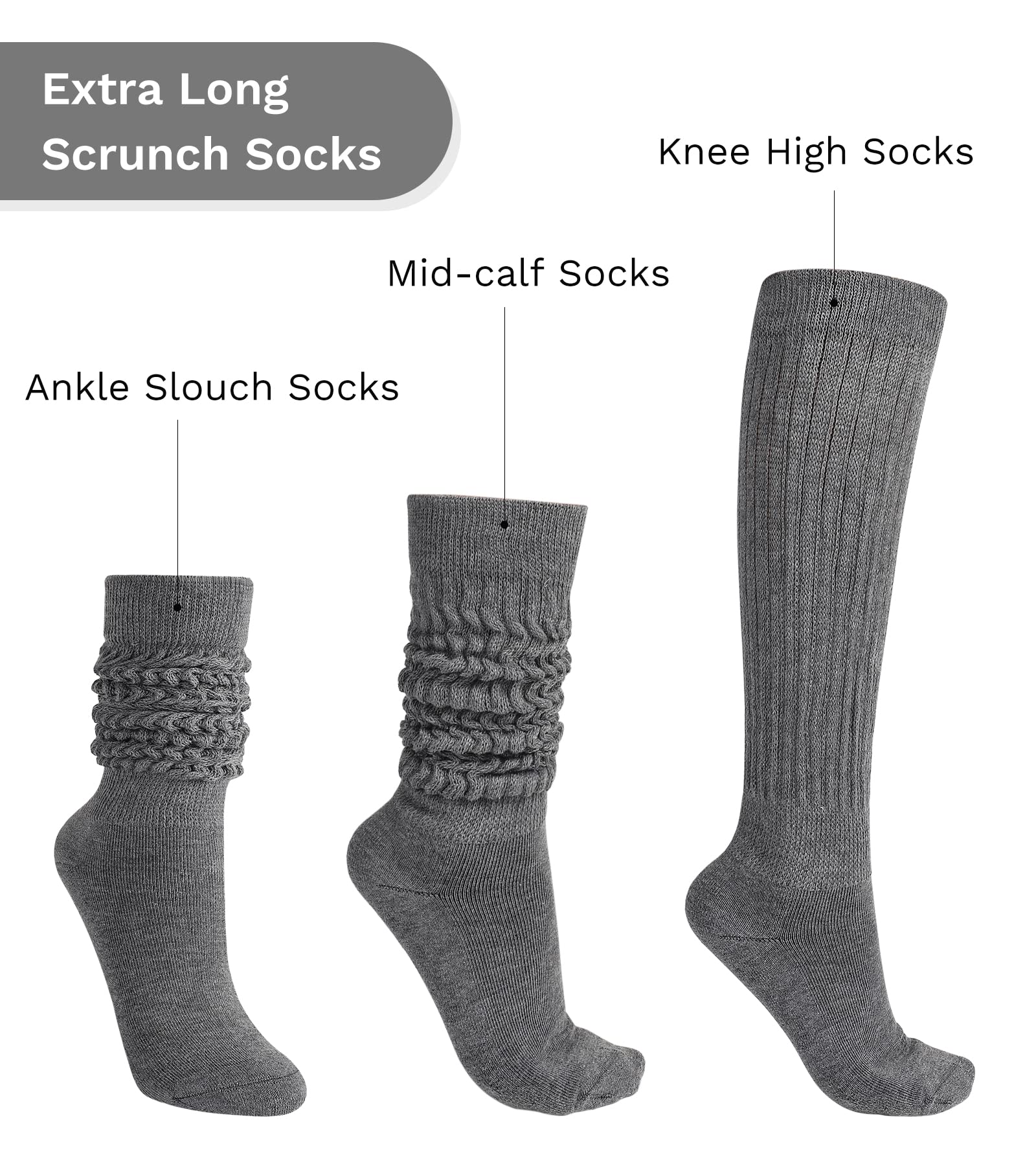 JOCMIC Slouch Socks for Women, Extra Long Women Scrunch Socks, White Stacked Socks Size 6-11 Grey