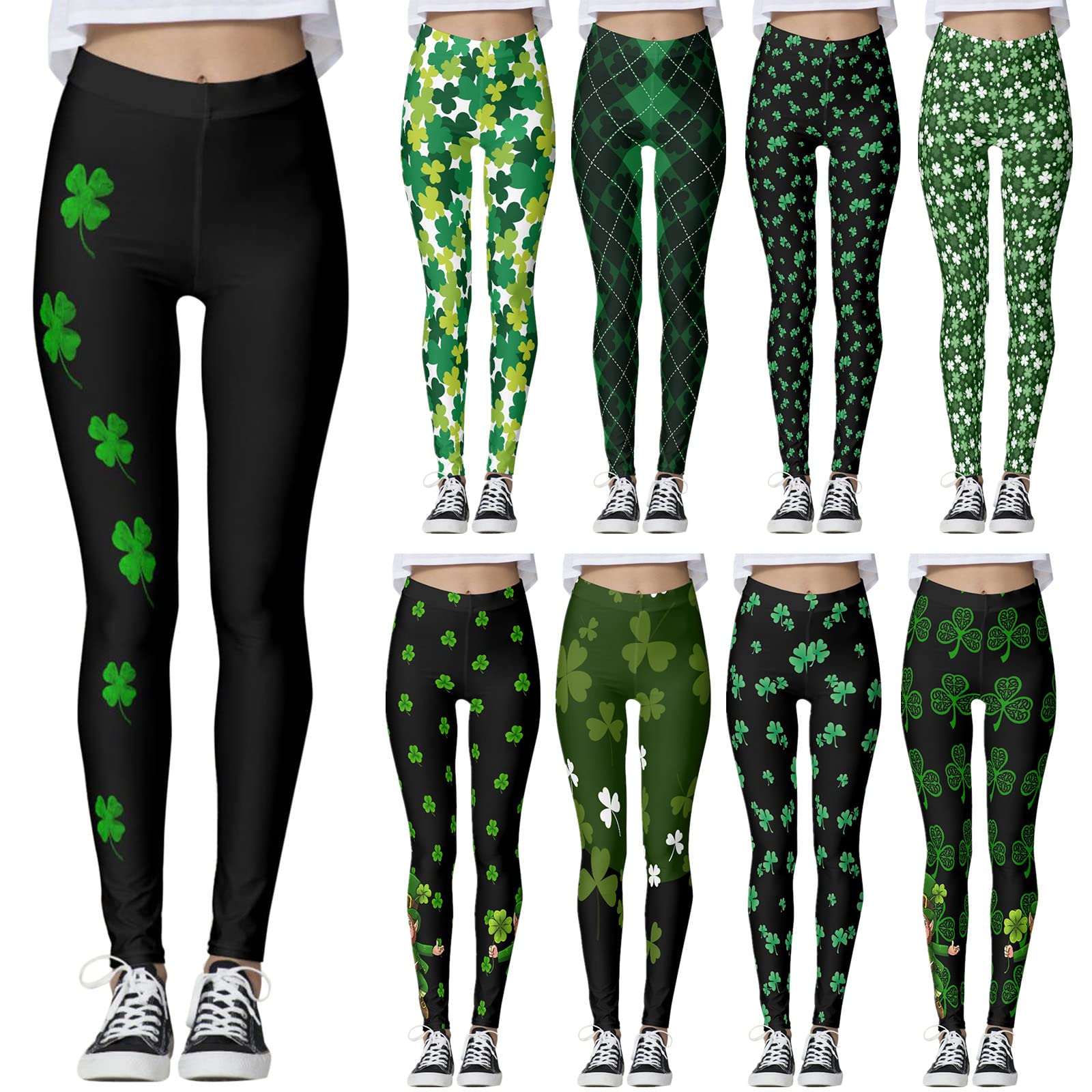 Angxiwan St. Patrick Legging for Women, Fashion Clover Print Running Gym Yoga Pants Black Green