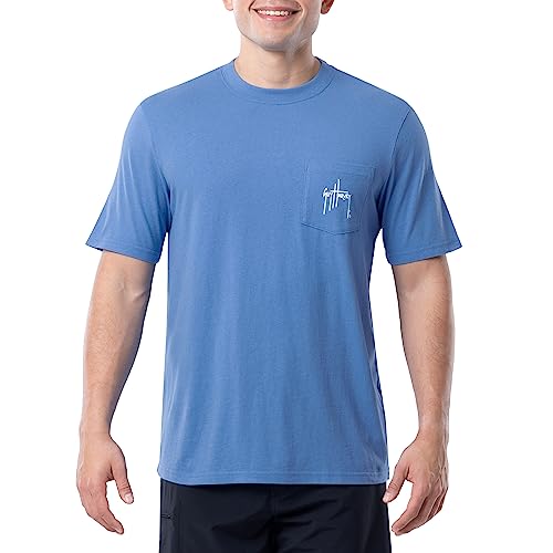 Guy Harvey Men’s Billfish Collection Short Sleeve Pocket T-Shirt, Azure Blue/Southbound Sails, X-Large