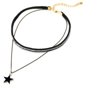 coolsteelandbeyond ladies womens two-rows black choker necklace with cubic zirconia and pentagram star charm pendant