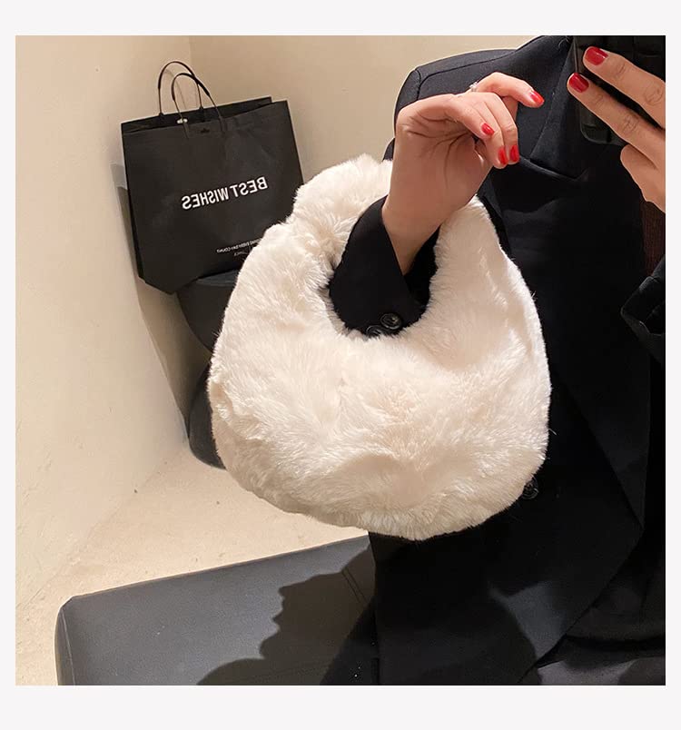 XPONNI Fuzzy Dumpling Bag, Cute Fluffy Bags, Cute Mini Handbags, Faux Fur Bag with Zipper, Soft Knotted Bag (off white)