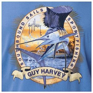 Guy Harvey Men’s Billfish Collection Short Sleeve Pocket T-Shirt, Azure Blue/Southbound Sails, X-Large