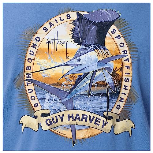 Guy Harvey Men’s Billfish Collection Short Sleeve Pocket T-Shirt, Azure Blue/Southbound Sails, X-Large