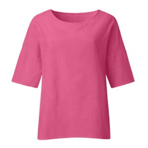 COJCOIHN Cotton Tops for Women 3/4 Sleeve Loose Fit Womens 2023 Summer Spring Shirts Soft Cmofy Crewneck Tshirts Tee Hot Pink