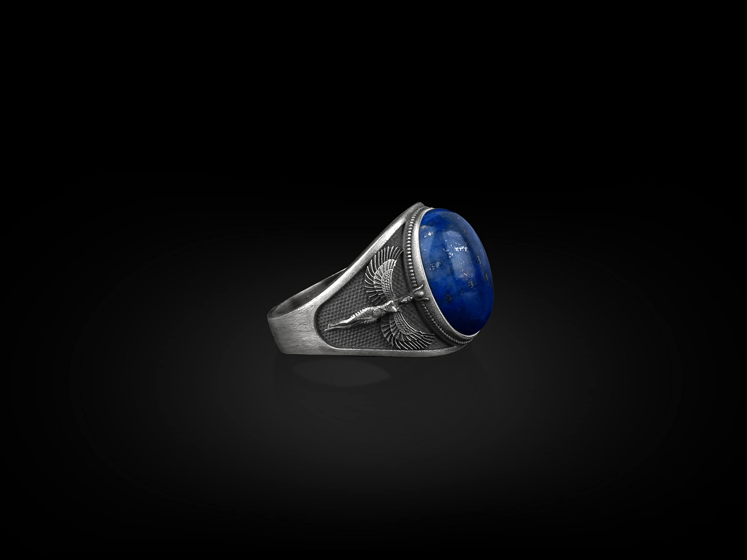 BySilverStone Jewelry Isis The Egyptian Goddess of The Moon with Wings, Lapis Lazuli Oval Gemstone Signet Ring, Ancient Egyptian Divinity Mythology, Unique Design