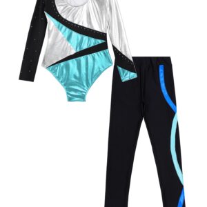 JEATHA Kids Girls Skating Dance Outfits Long Sleeve Gymnastics Leotard with Yoga Leggings Pants Set Activewear Blue A 12 Years