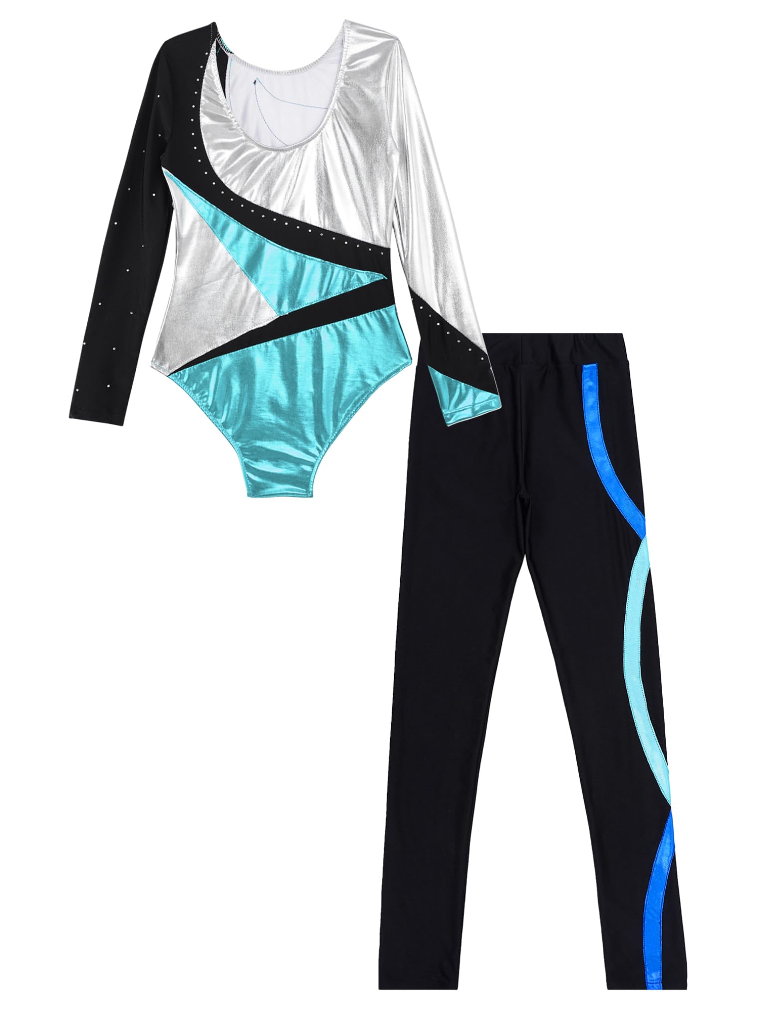 JEATHA Kids Girls Skating Dance Outfits Long Sleeve Gymnastics Leotard with Yoga Leggings Pants Set Activewear Blue A 12 Years