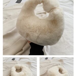 XPONNI Fuzzy Dumpling Bag, Cute Fluffy Bags, Cute Mini Handbags, Faux Fur Bag with Zipper, Soft Knotted Bag (off white)