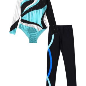 JEATHA Kids Girls Skating Dance Outfits Long Sleeve Gymnastics Leotard with Yoga Leggings Pants Set Activewear Blue A 12 Years