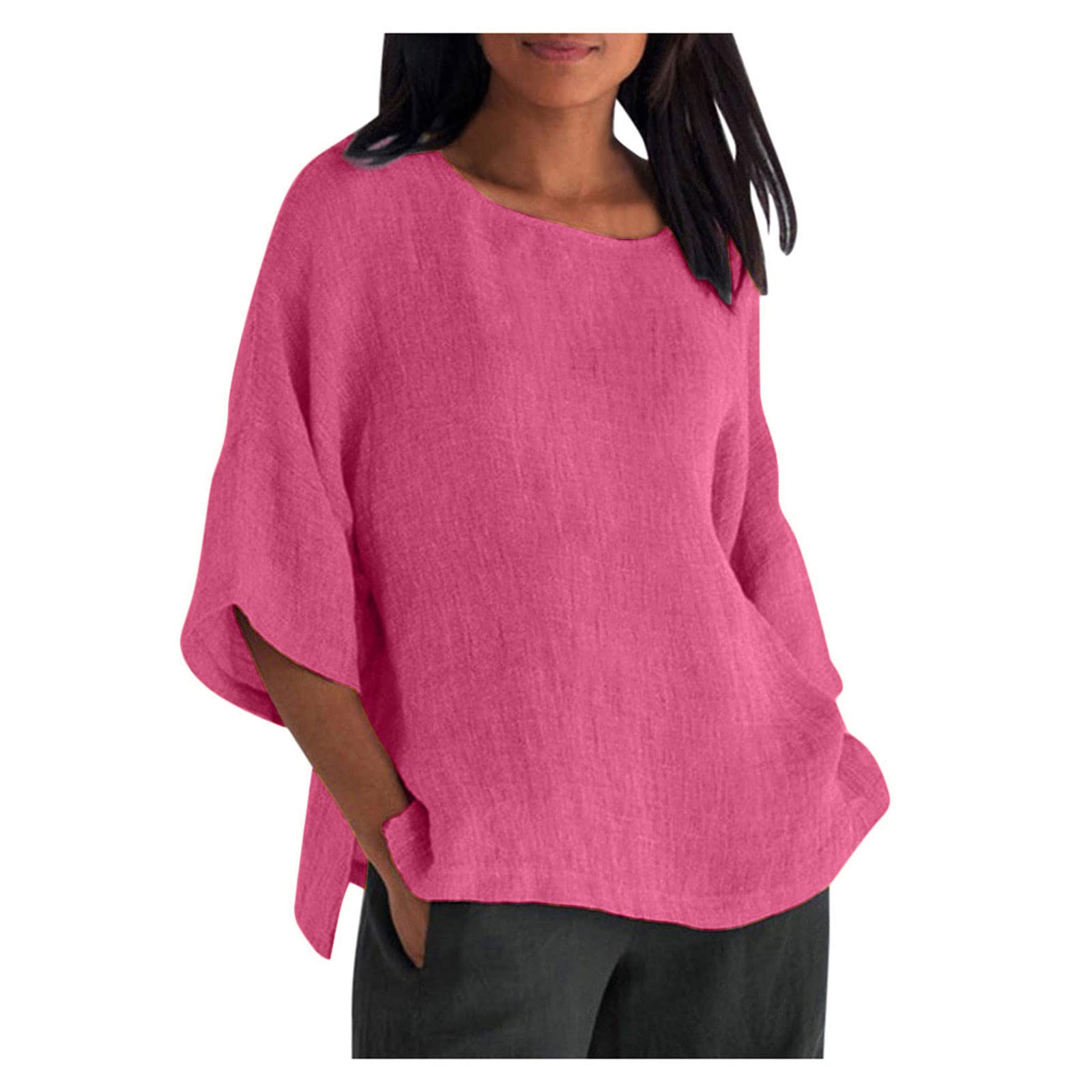 COJCOIHN Cotton Tops for Women 3/4 Sleeve Loose Fit Womens 2023 Summer Spring Shirts Soft Cmofy Crewneck Tshirts Tee Hot Pink